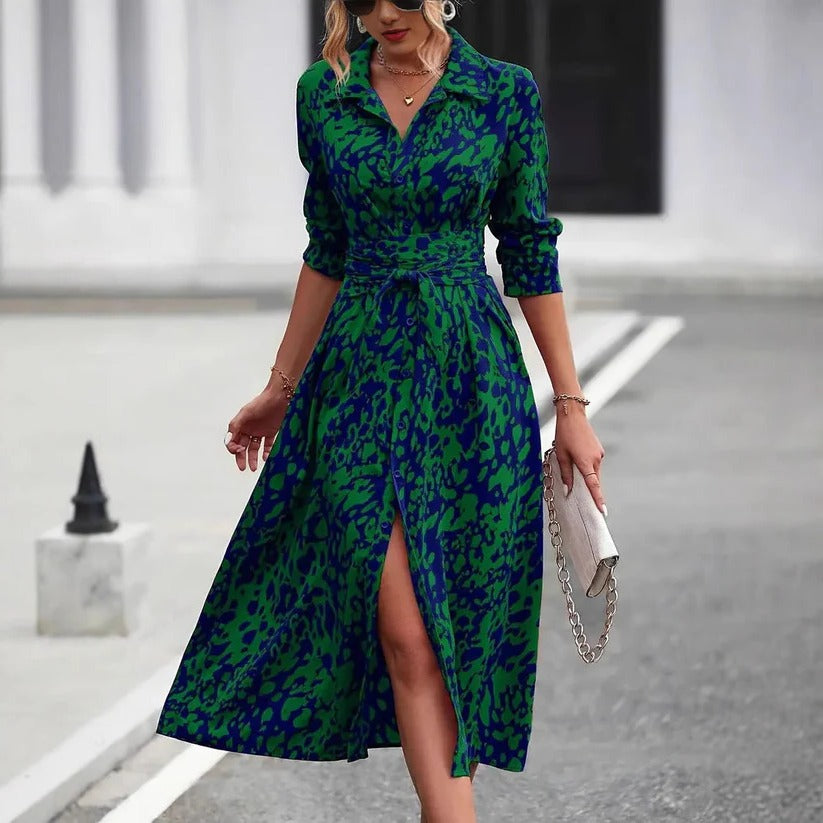 Women's Midi Shirt Dress with Abstract Print and Adjustable Tie Waist – Houseofceylan
