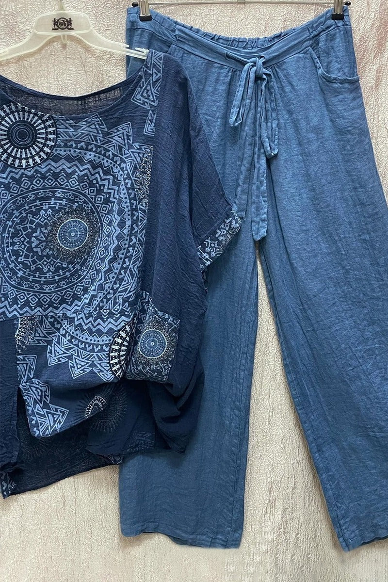 Women's Linen Co-Ord Set with Mandala Print Top and Wide Leg Pants