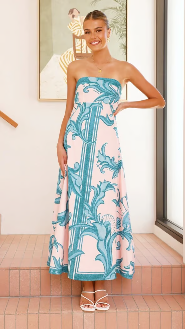 Women’s Strapless Maxi Dress Porcelain Print A-Line Wedding Guest Gown