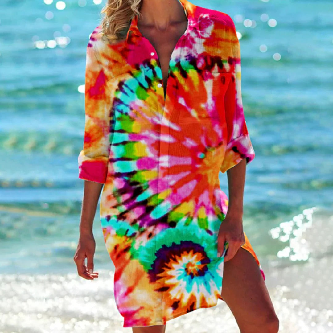 Women’s Shirt Dress Beach Cover Up with Nautical Seashell Print and 3/4 Sleeves