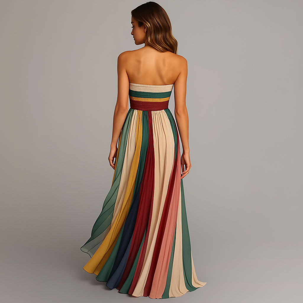 Women¡¯s Strapless Pleated Maxi Dress with Vibrant Vertical Stripe Print and Fitted Bodice