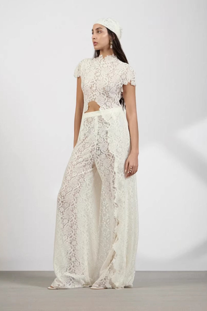 Women’s 2-Piece Set with Floral Lace Top and Wide Leg Trousers