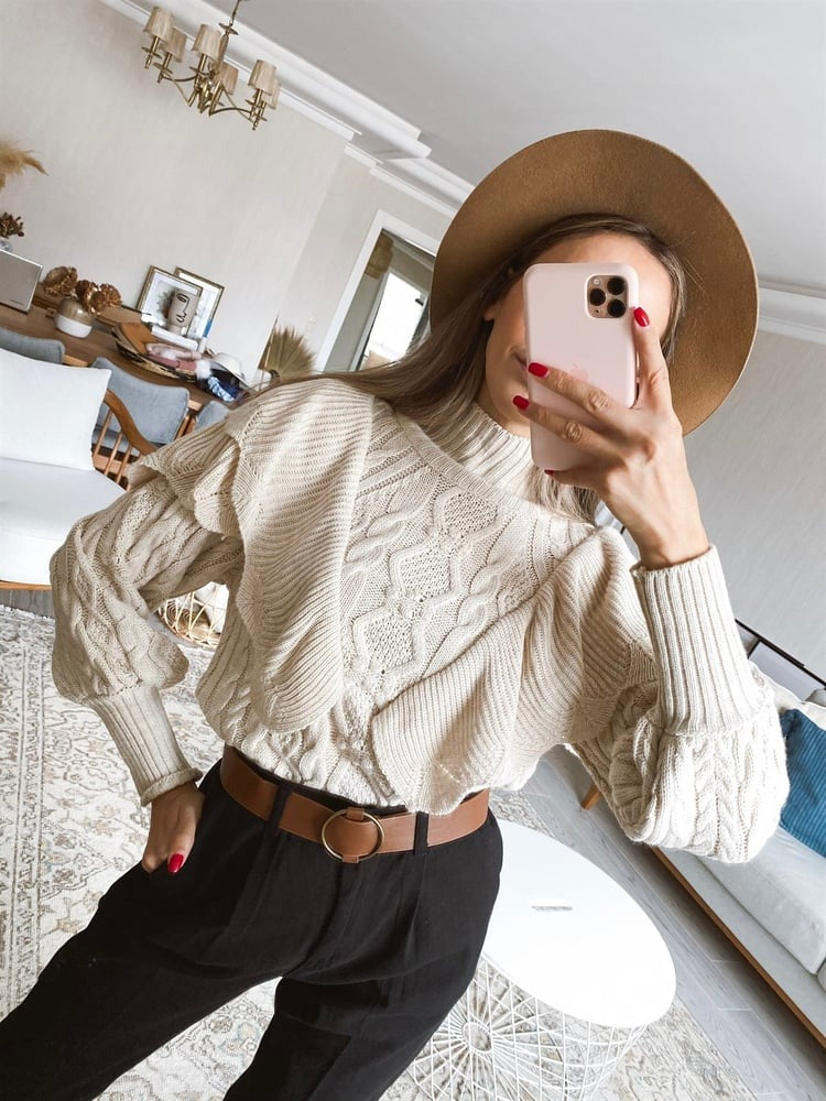 Ceylan Women’s Ruffle Cable Knit Sweater Statement Sleeve