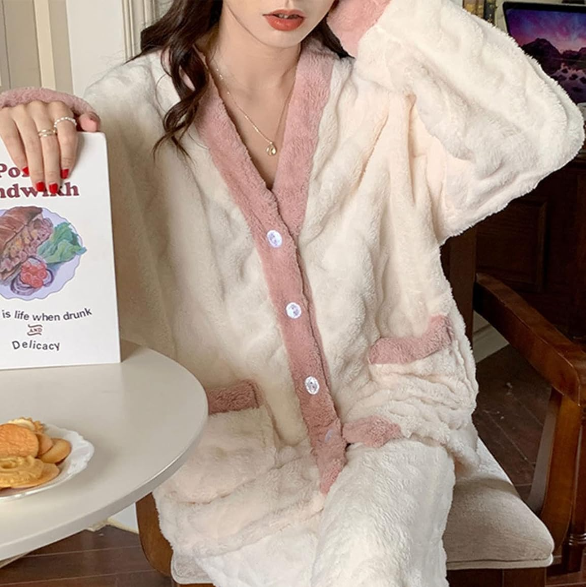 Ceylan Women’s Plush Pajama Set with Contrast Fleece Trim