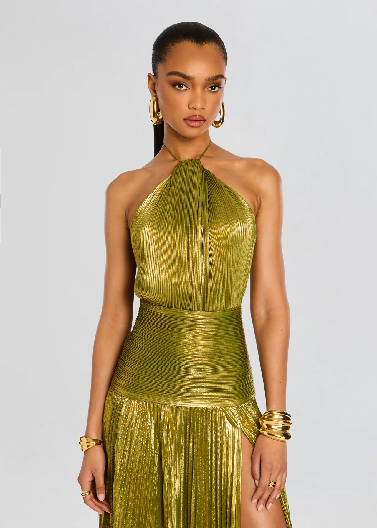 Women’s Metallic Pleated Maxi Dress with Halter Neck and High Side Slit