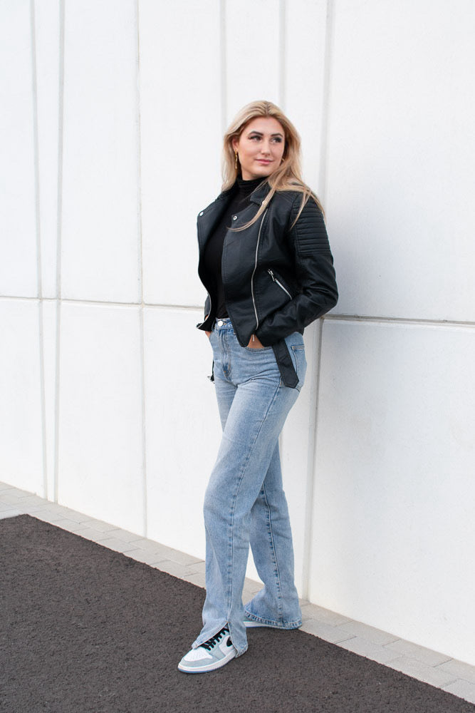 Women's Biker Jacket with Quilted Sleeves and Buckle Belt