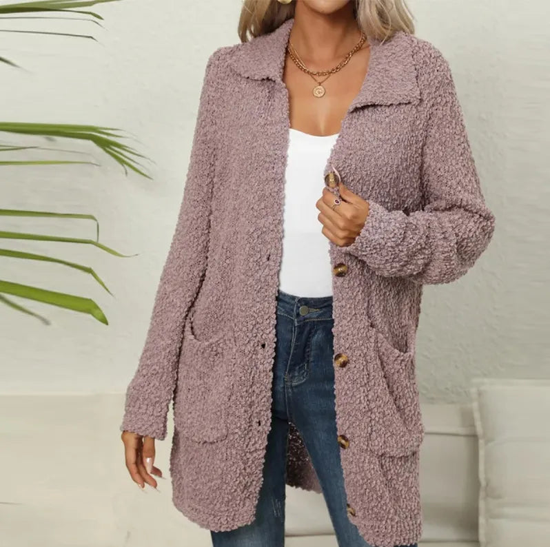 Women's Longline Button-Front Teddy Jacket with Pockets