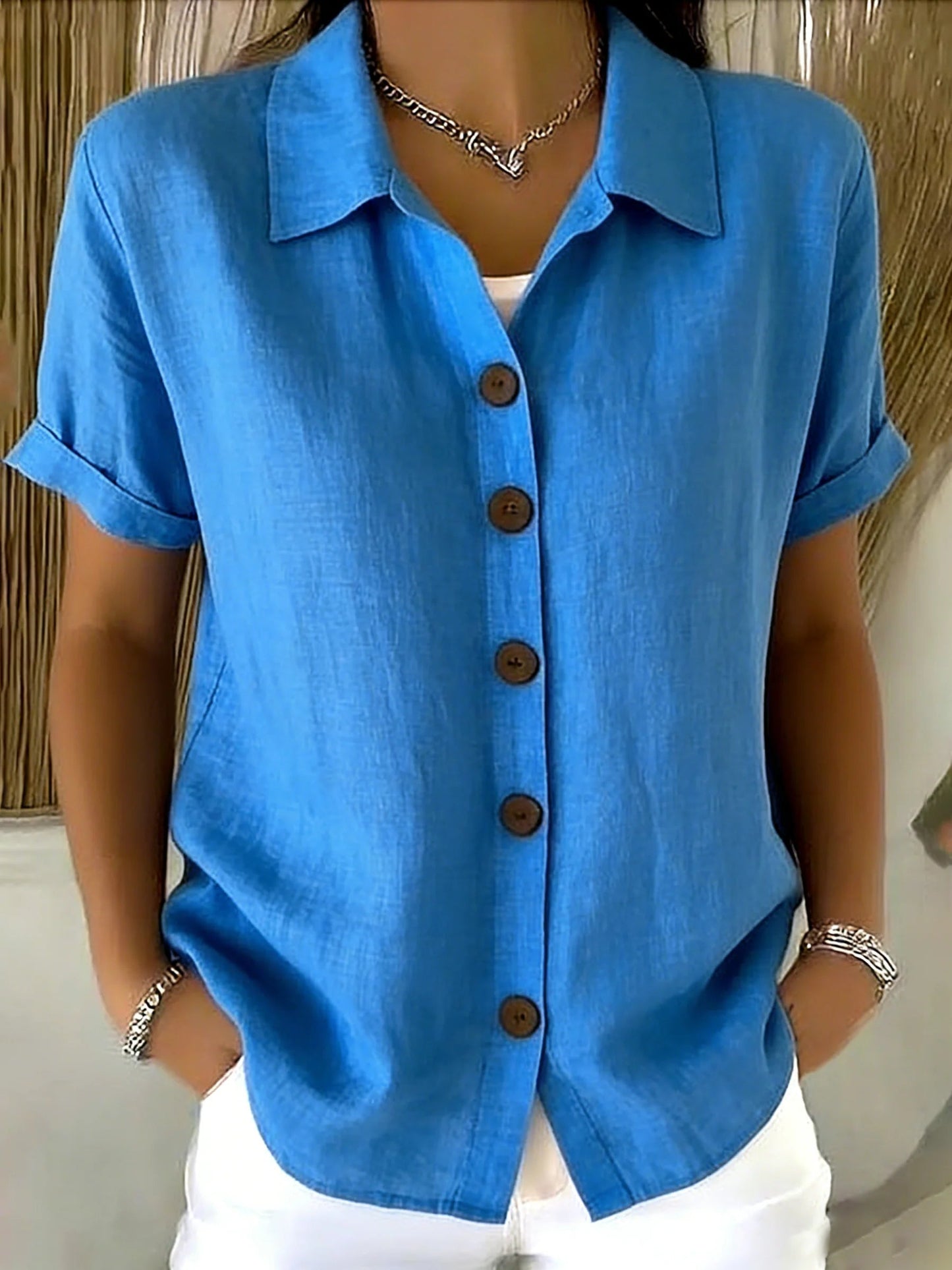 Women’s Casual Shirt with Point Collar and Short Cuffed Sleeves