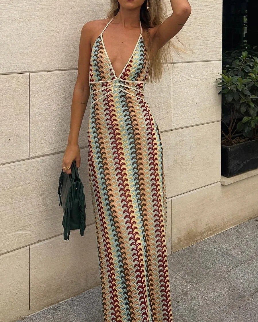 Women’s Maxi Dress with Deep V-Neck and Zig-Zag Crochet Knit Pattern