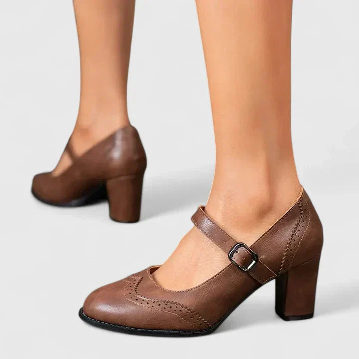 Women’s Mary Jane Shoes with Block Heel and Perforated Detail