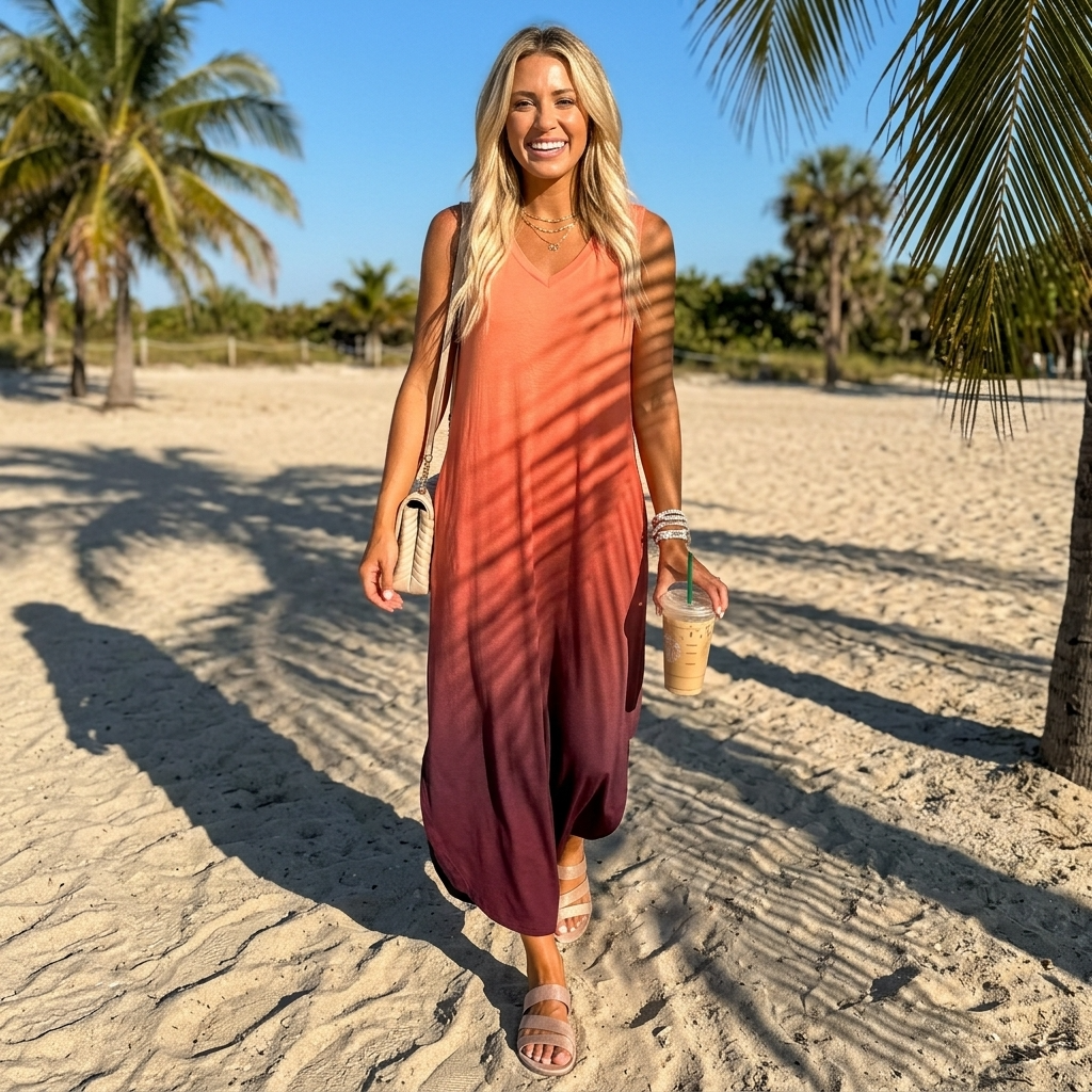 Women’s Tropical Print V Neck Maxi Dress with Pockets and Side Slits