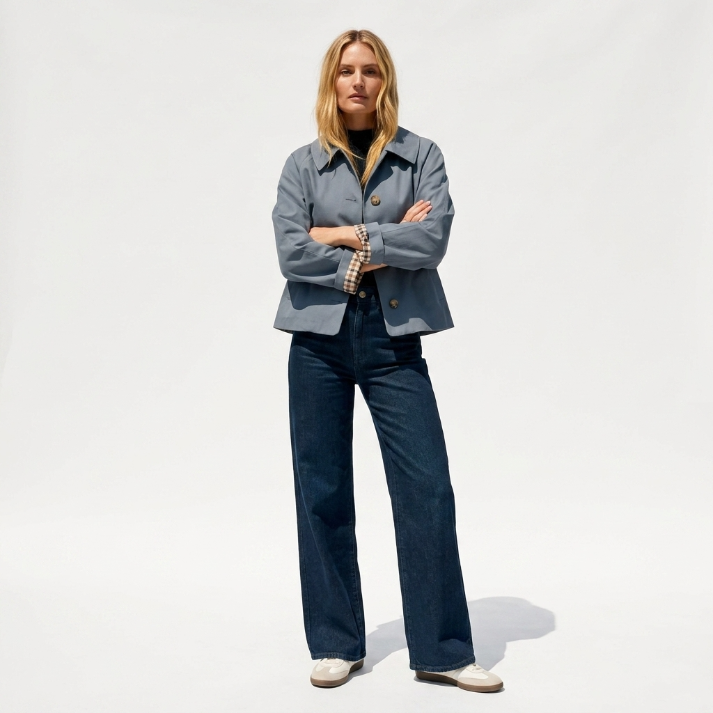 Women¡¯s Oversized Cropped Trench Jacket with Gingham Cuff Lining