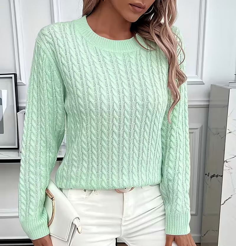 Women's Cable-Knit Crew-Neck Sweater with Ribbed Trim