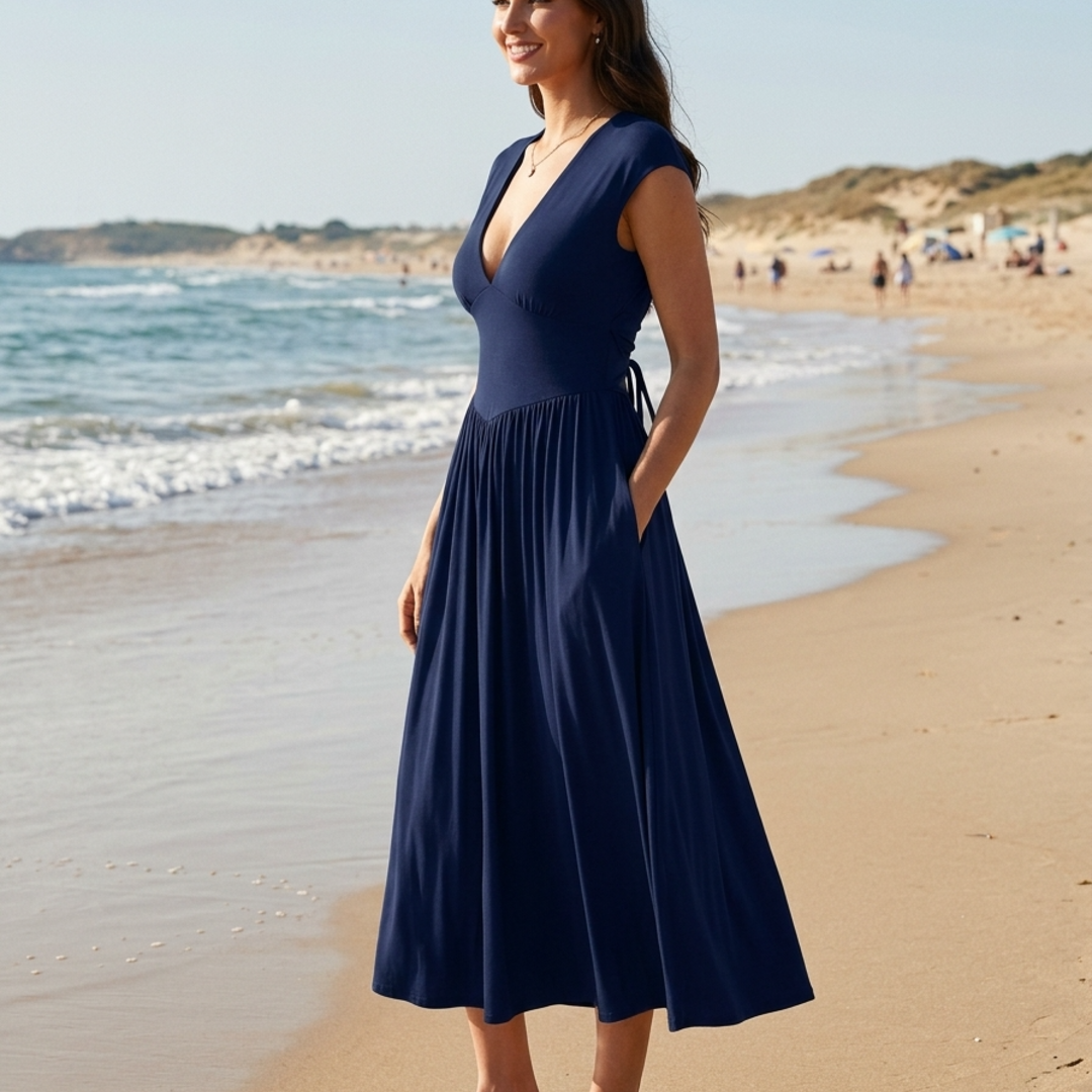 Women’s V Neck Midi Dress with Back Tie Detail and Hidden Pockets