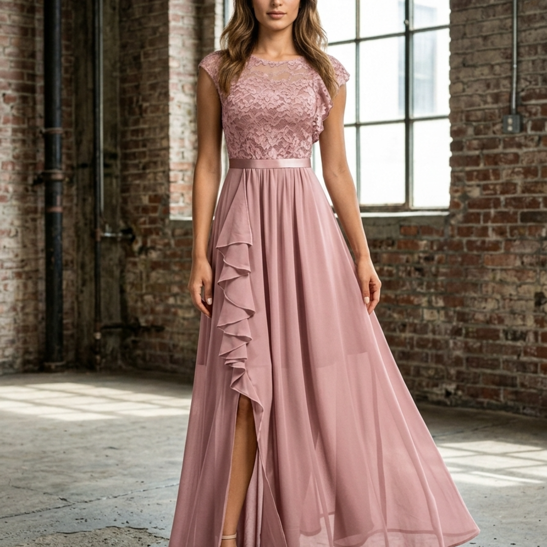 Women's Maxi Dress with Lace Bodice and Ruffle Slit Chiffon Skirt – Houseofceylan