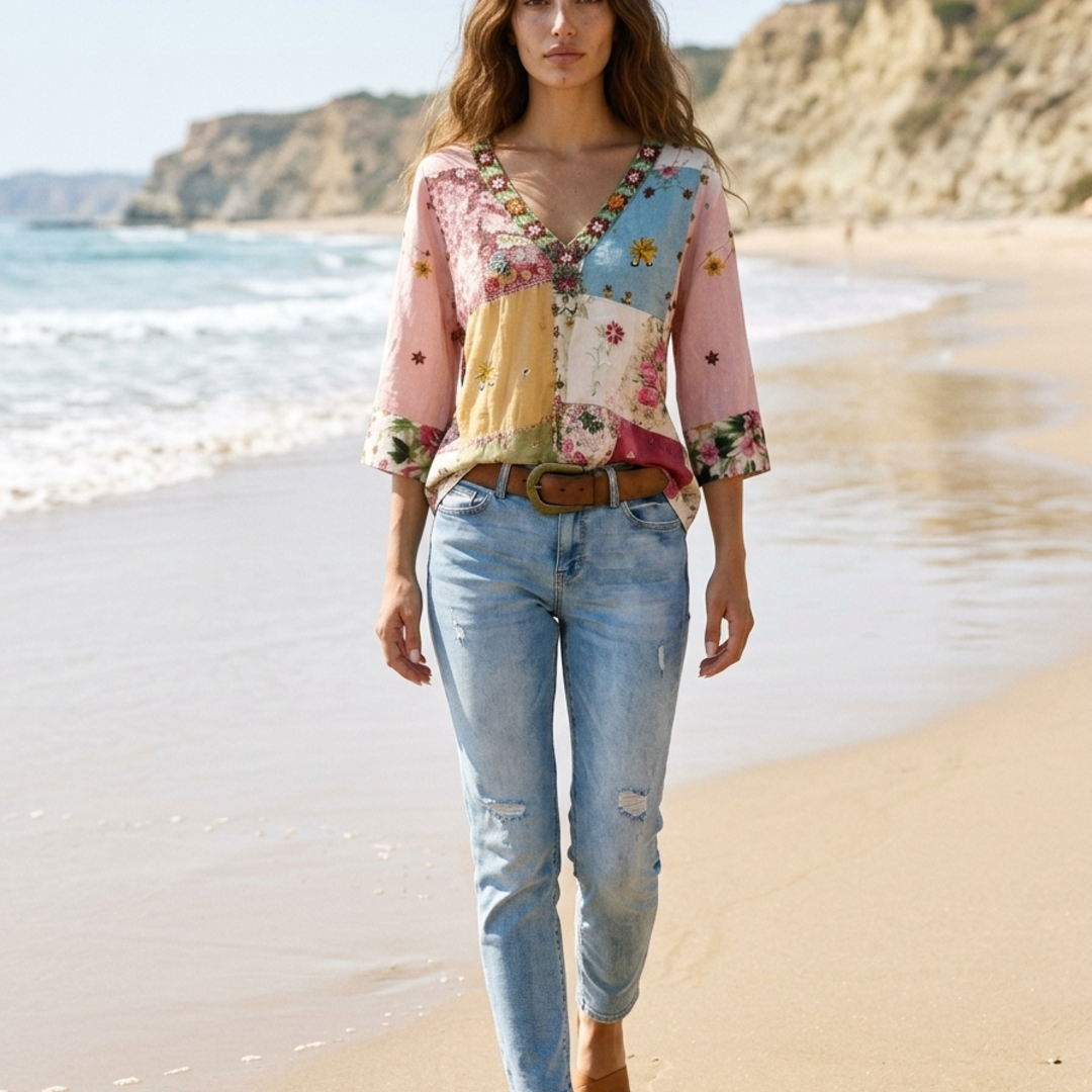 Women’s Blouse with V-Neckline and Artisanal Patchwork Floral Print