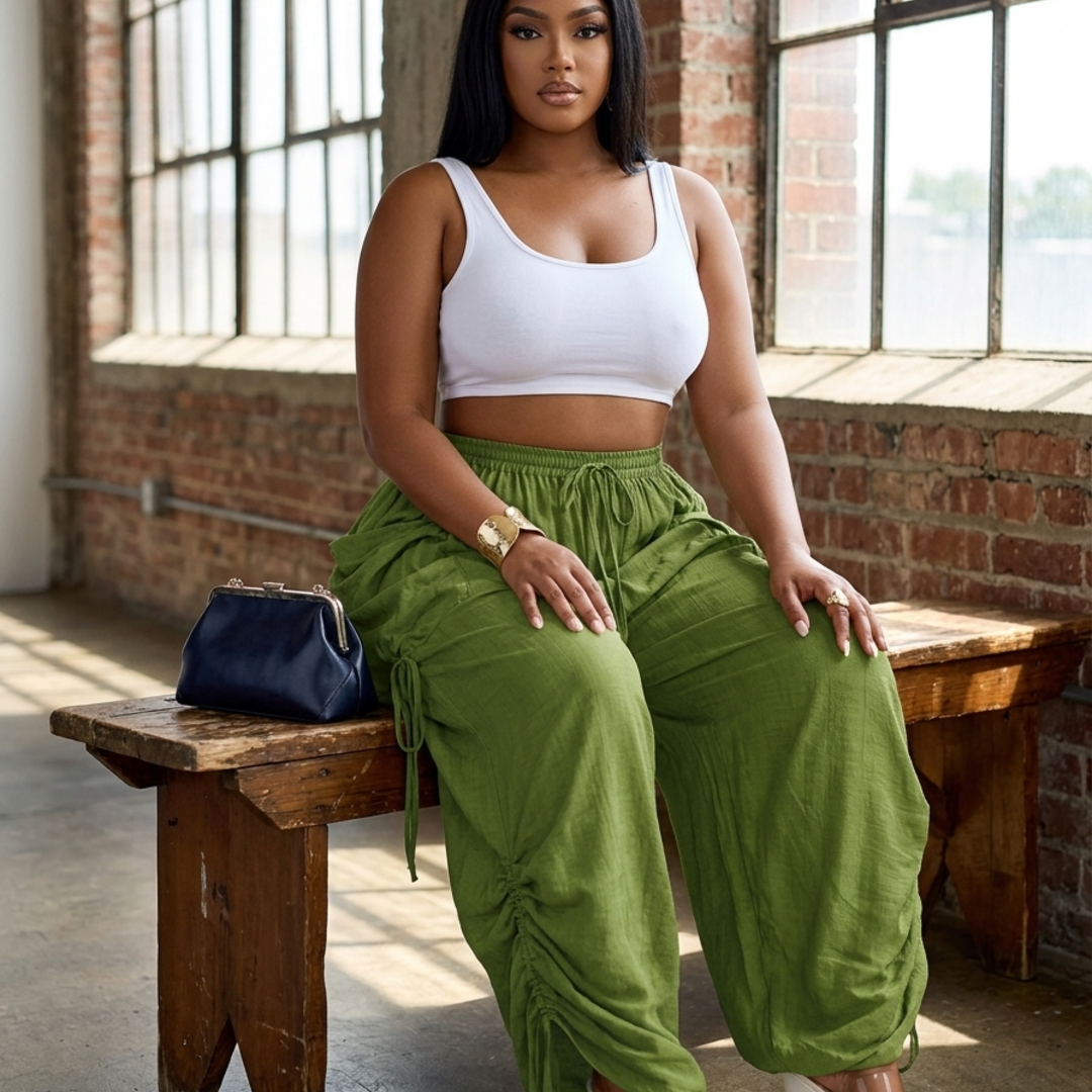 Women’s Harem Pants with Ruched Drawstring Sides and Oversized Pockets