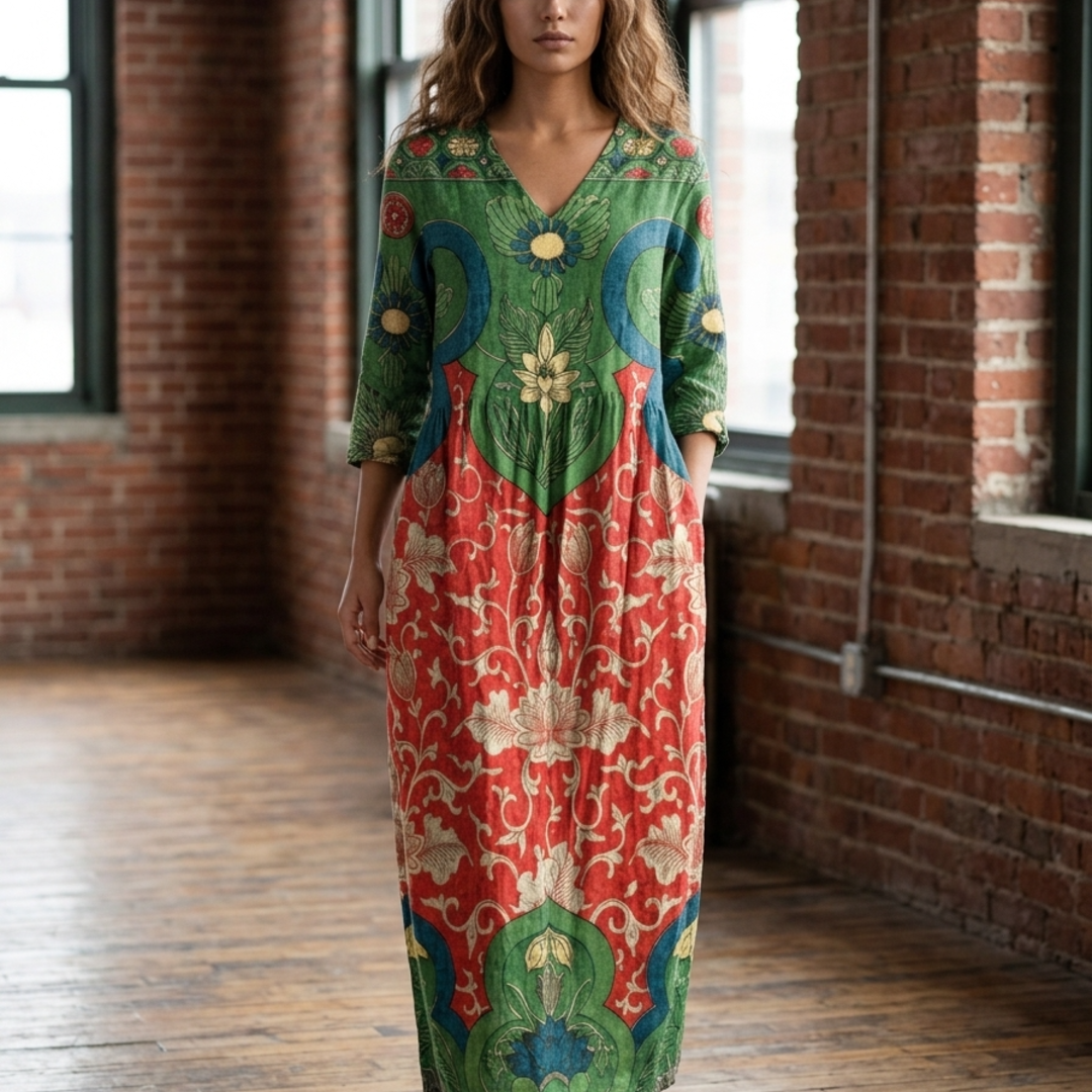 Women’s Maxi Dress with V-Neckline and Integrated Side Pockets