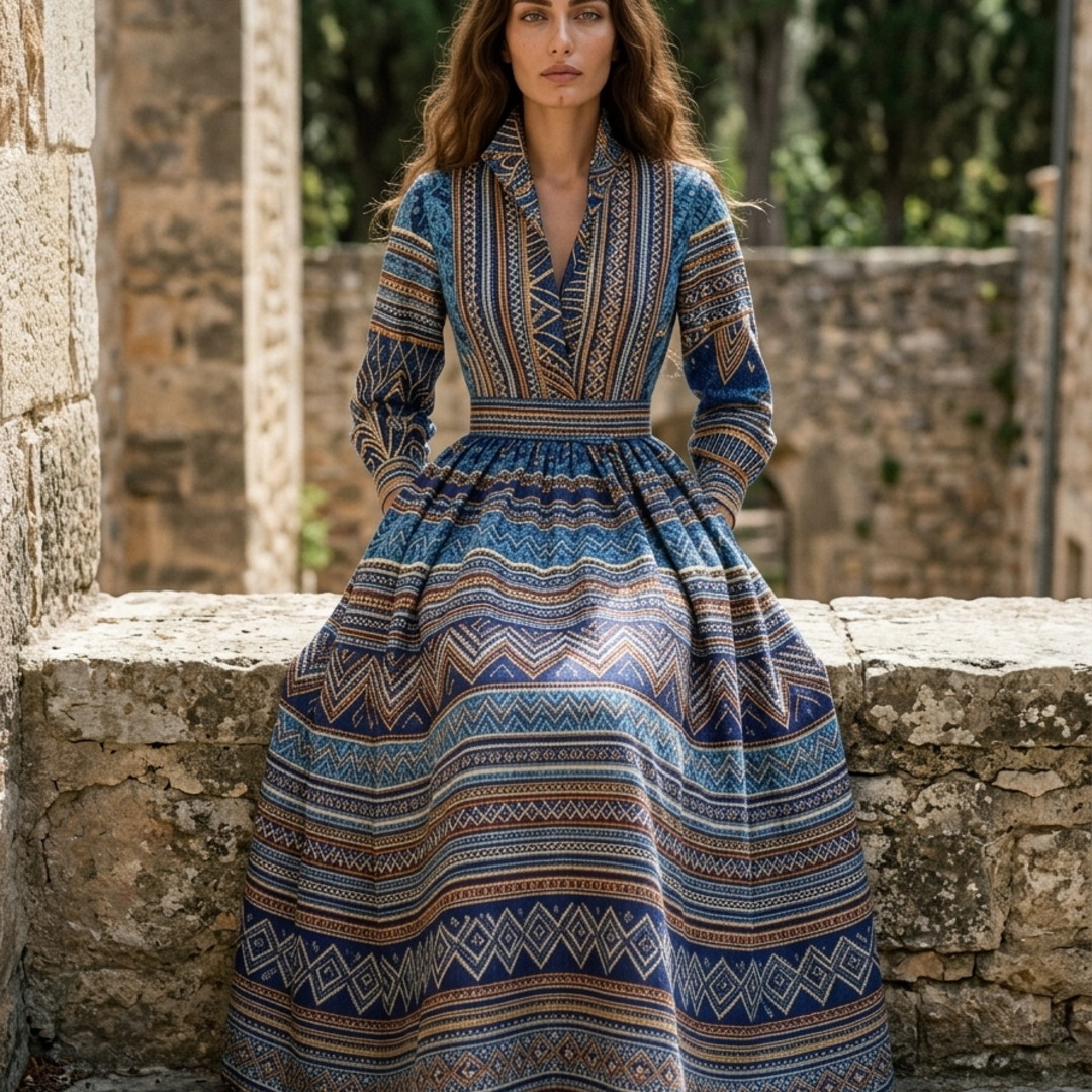 Women’s Maxi Dress with V-Neck Collar and Boho Geometric Print