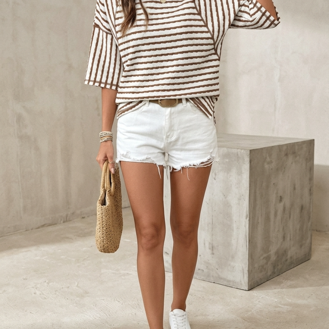 Women’s Textured Knit Top with Half Sleeves and Multi-Directional Stripes