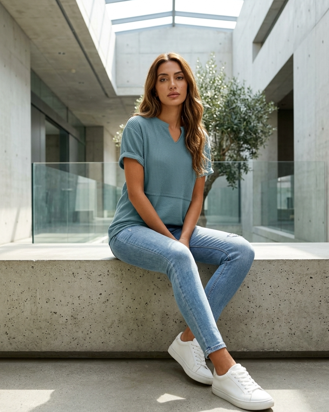Women¡¯s T-Shirt with Notch V-Neckline and Mixed Ribbed Texture