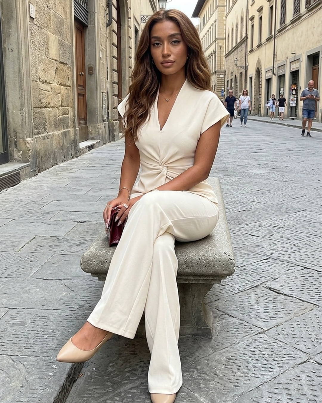 Women’s Two Piece Set Twist Front V-Neck Top and Wide Leg Trousers