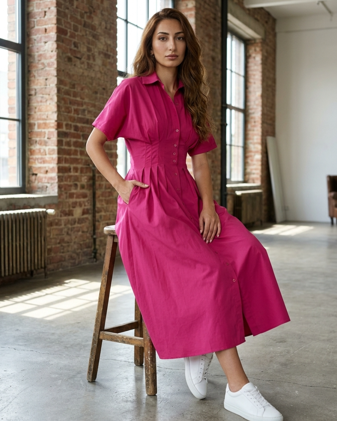 Women’s Shirt Dress Pleated Waist Button Down Midi Gown