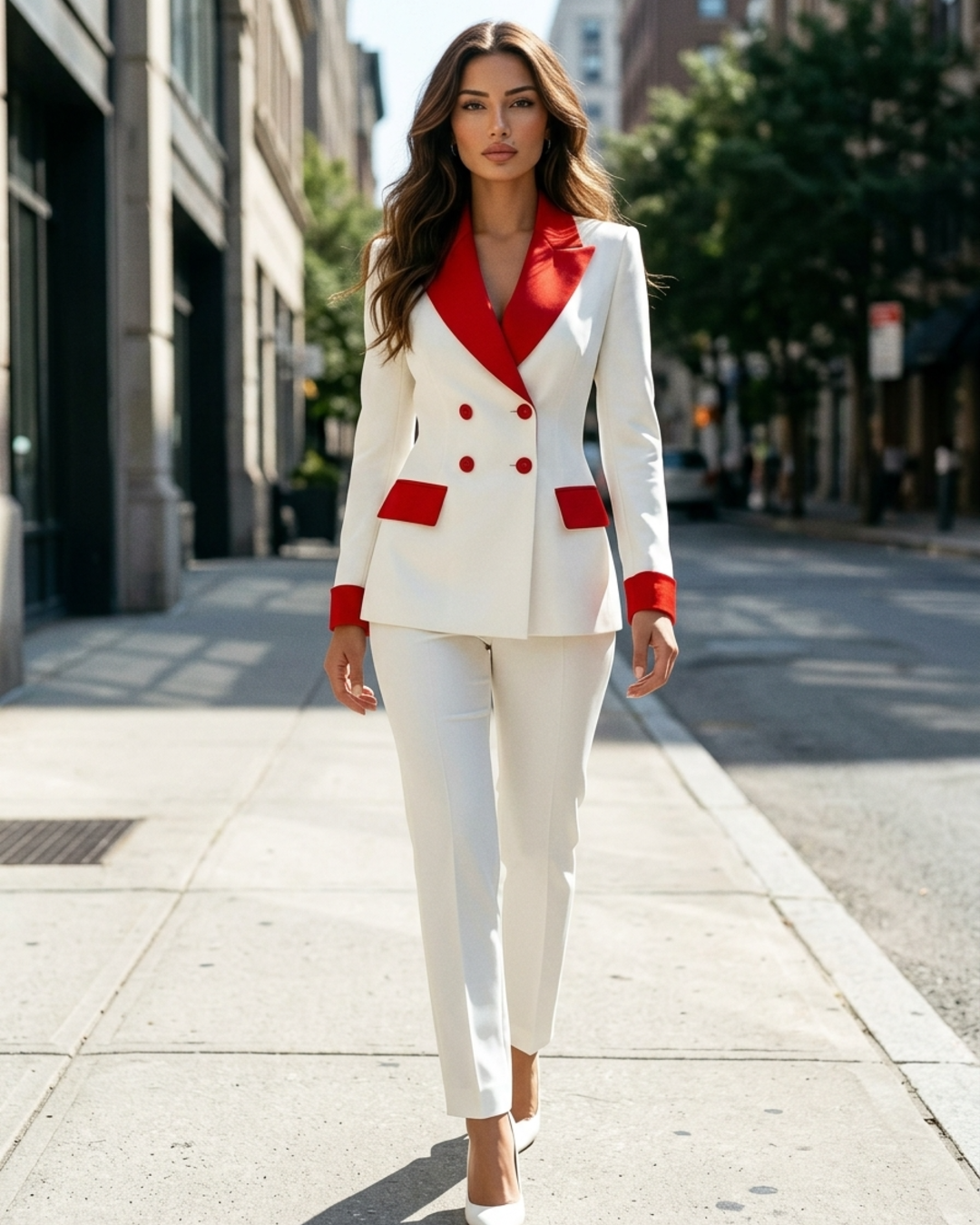 Women’s Pants Suit Double Breasted Color Block Blazer and Trousers Set
