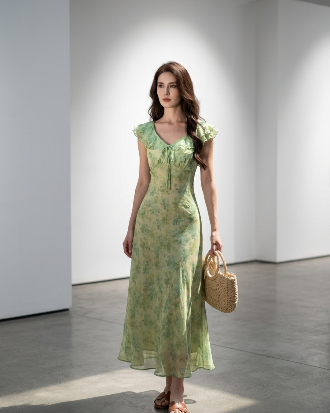 Women’s Floral Maxi Dress with Ruffle V-Neck and Front Tie