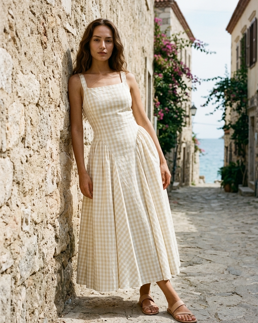 Women’s Midi Dress with Pleated Square-Neck and Gingham Pattern