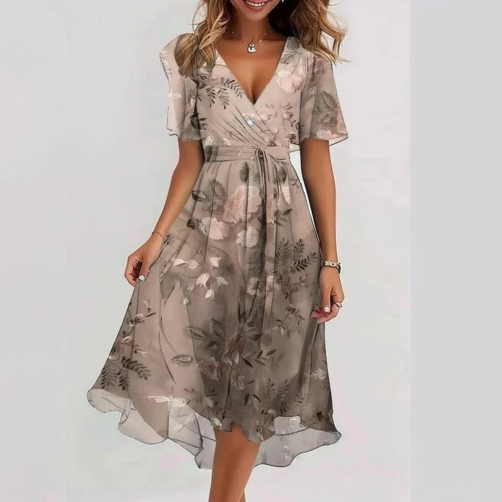 Women's Wedding Guest Dress | Midi Floral Wrap Flutter Sleeve