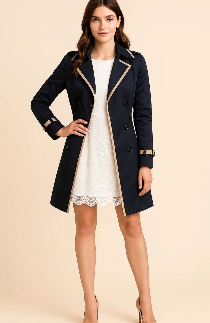 Aria | Women's Classic Double-Breasted Trench Coat Contrast-Trim