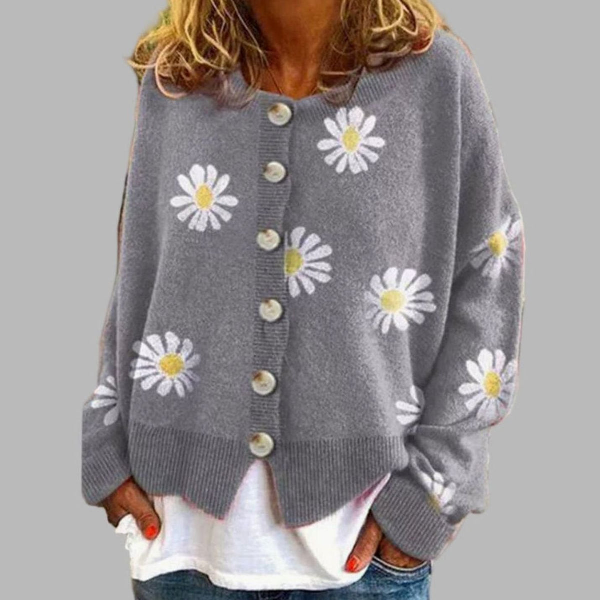 Layla | Women's Daisy Embroidered Button-Front Knit Cardigan