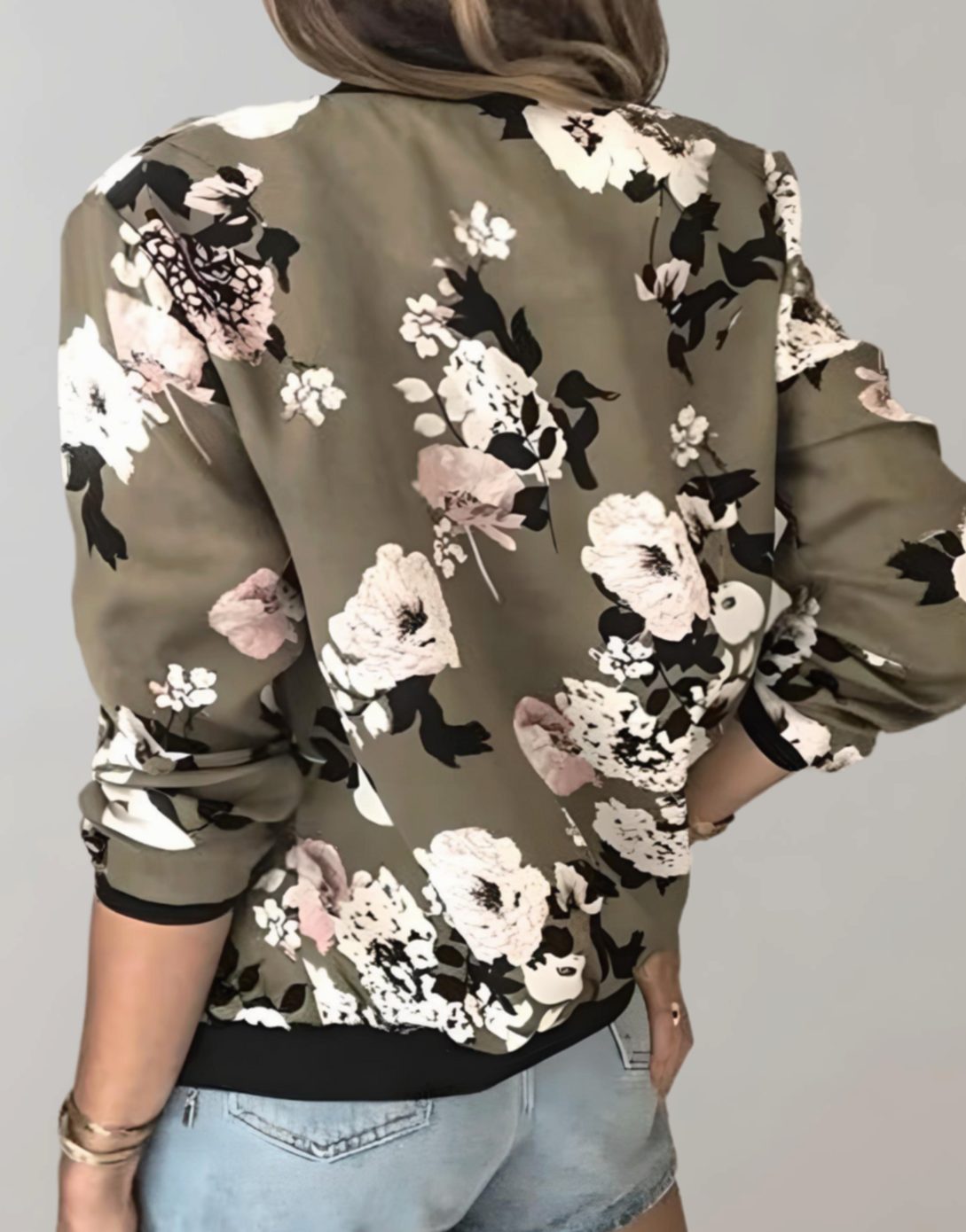 Olivia | Women's Floral Print Zip-Up Bomber Jacket, White