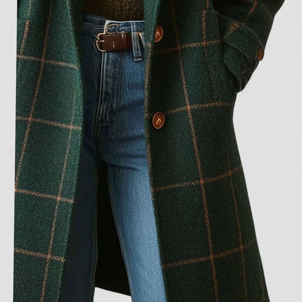 Eleanor | Women's Green Checkered Wool-Blend Button-Front Winter Coat
