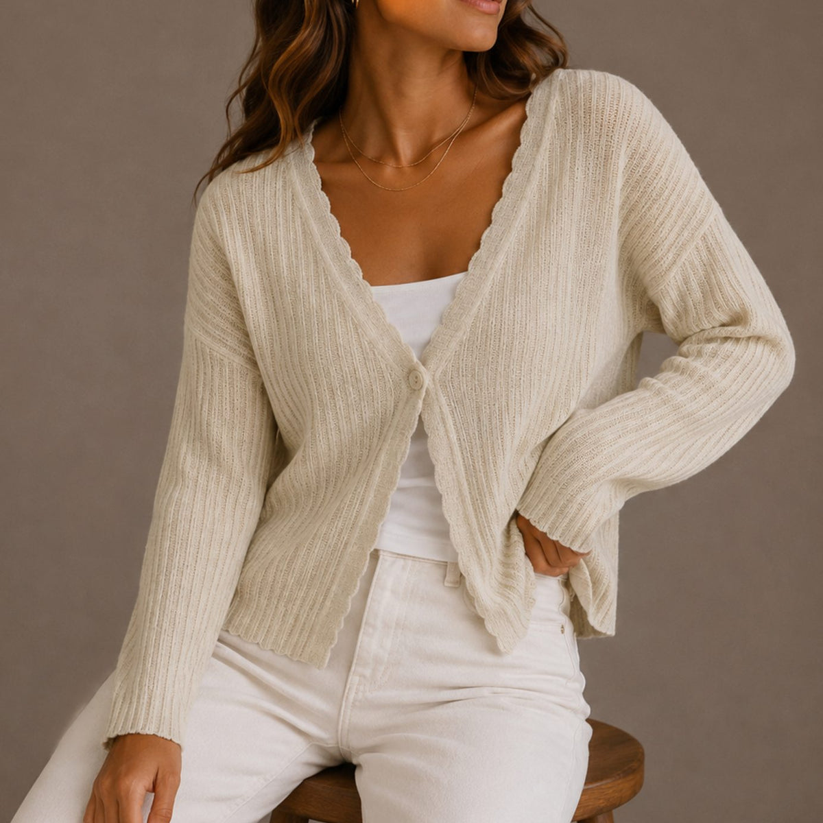 Mia | Women's Scallop-Trim V-Neck Button-Front Knit Cardigan
