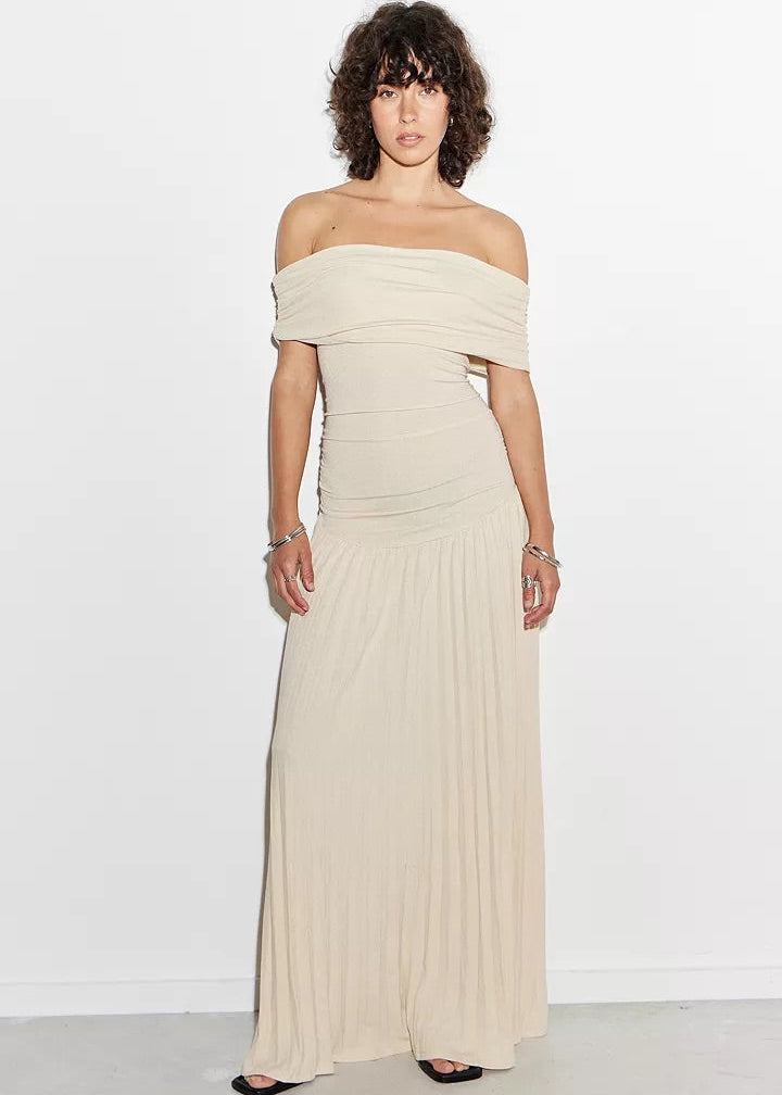 Women’s Maxi Dress with Off-Shoulder Draped Bodice and Pleated Skirt