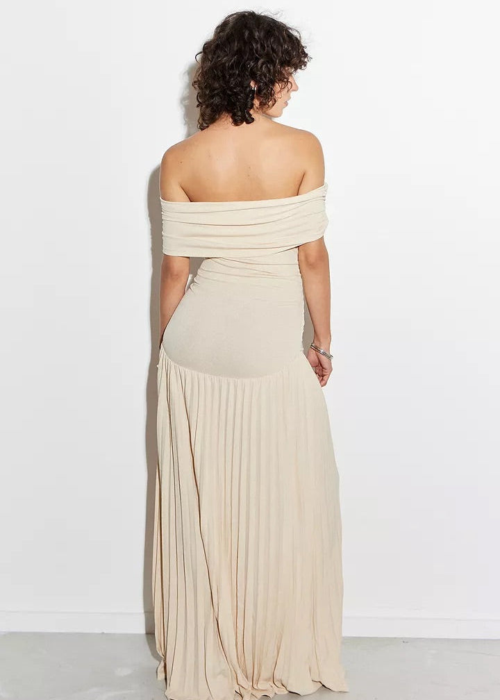 Women’s Maxi Dress with Off-Shoulder Draped Bodice and Pleated Skirt