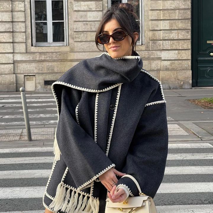 Women's Oversized Cape Coat with Fringe Trim and Contrast Stitching