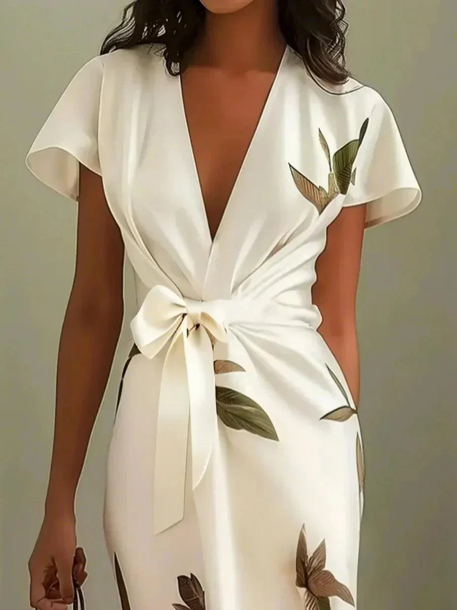 Women's Botanical Print Wrap Dress with Cinched Waist for Elegant Occasions