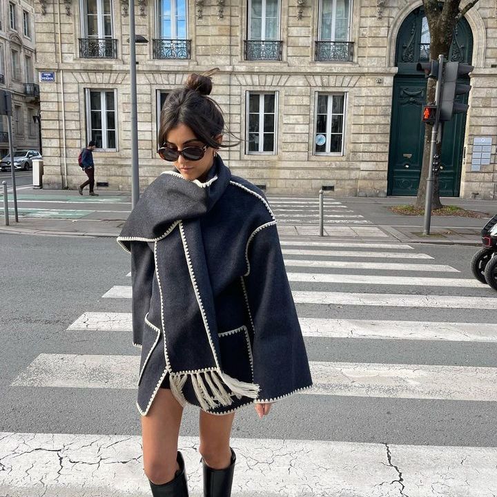 Women's Oversized Cape Coat with Fringe Trim and Contrast Stitching