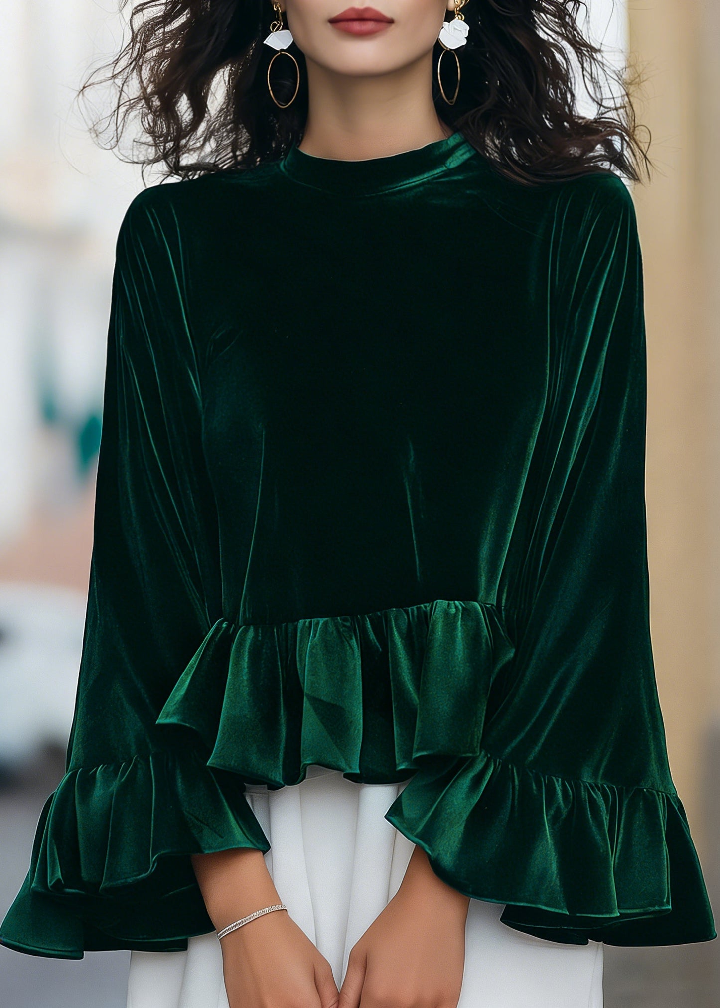 Ceylan Women’s Velvet Ruffle Blouse with Flared Flounce Sleeves