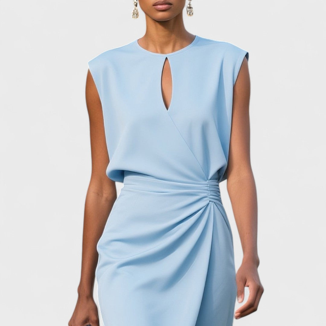 Women's Midi Sheath Dress with Keyhole Neckline and Side Pleat Detail