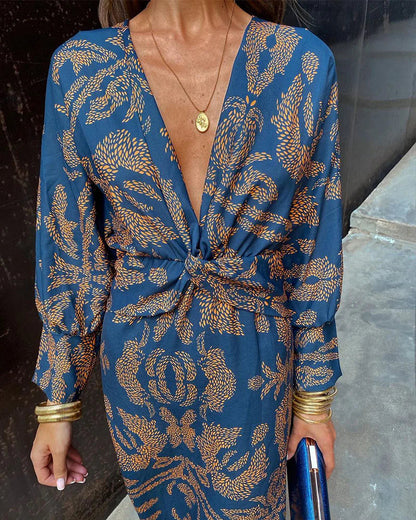 Women's Long Sleeve Floral Wrap Dress with V-Neckline for Effortless Elegance