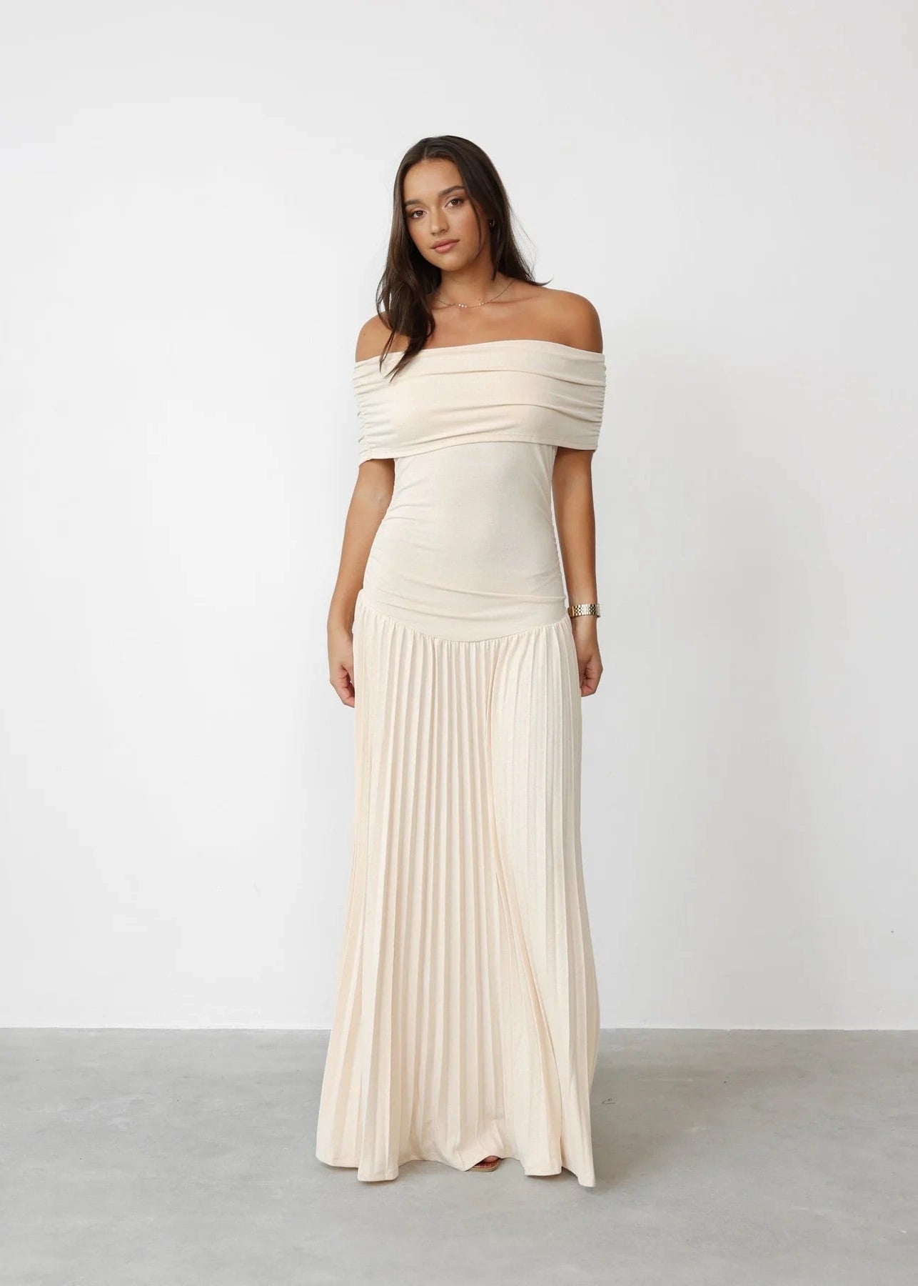 Women’s Maxi Dress with Off-Shoulder Draped Bodice and Pleated Skirt