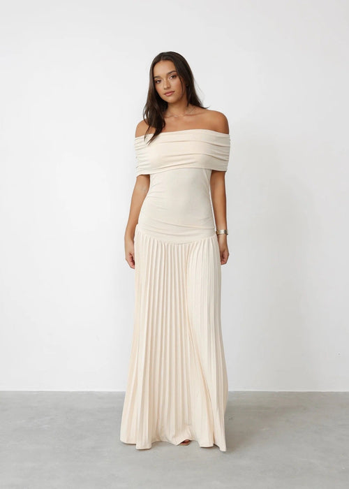 Women’s Maxi Dress with Off-Shoulder Draped Bodice and Pleated Skirt