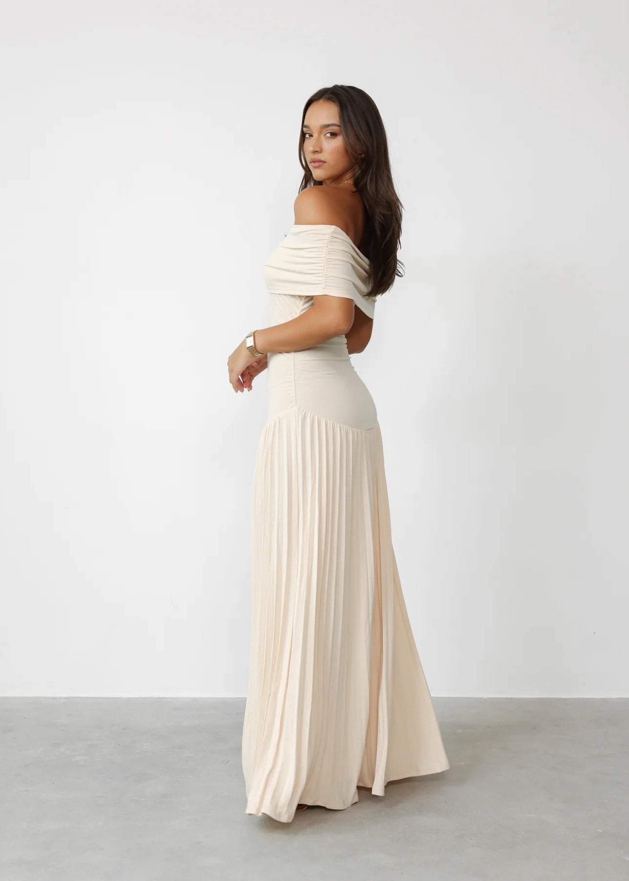 Women’s Maxi Dress with Off-Shoulder Draped Bodice and Pleated Skirt