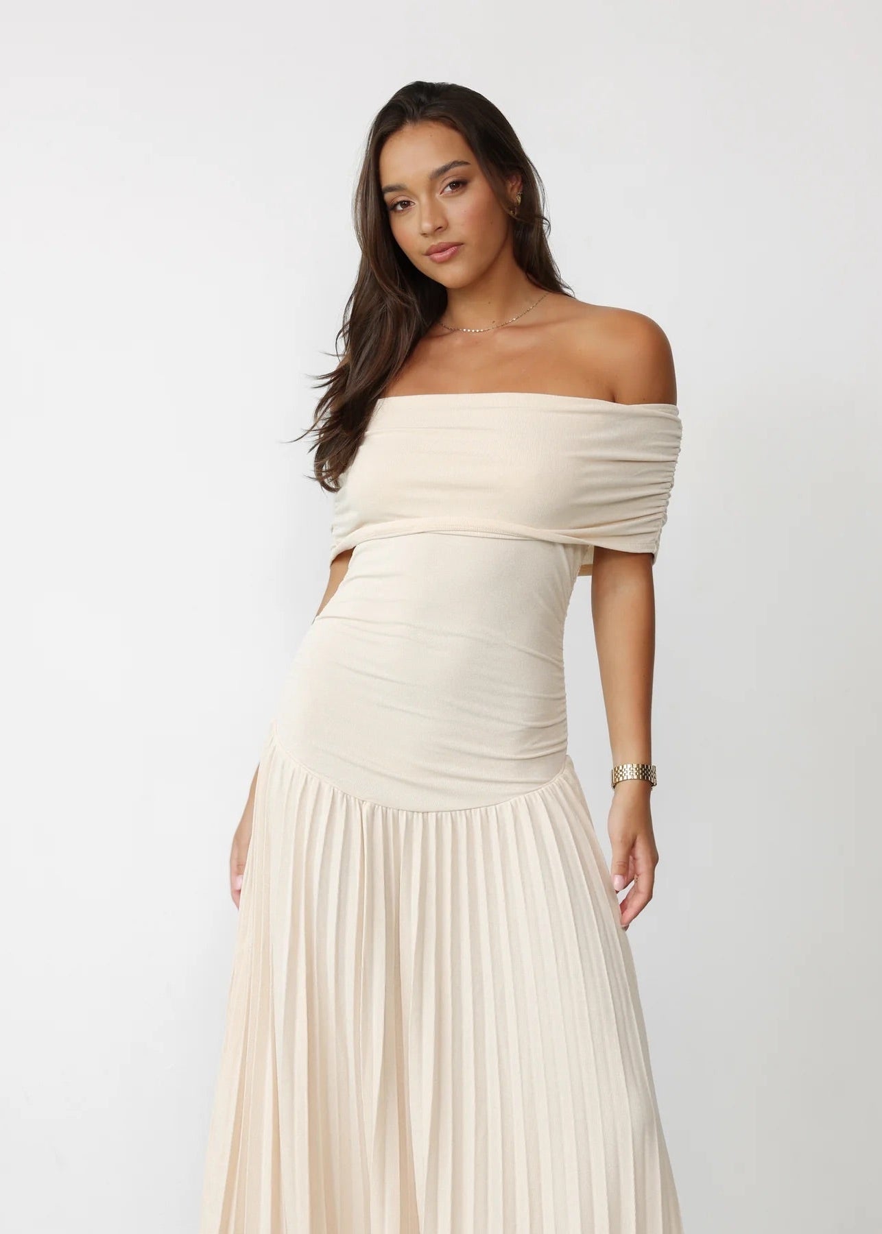 Women’s Maxi Dress with Off-Shoulder Draped Bodice and Pleated Skirt