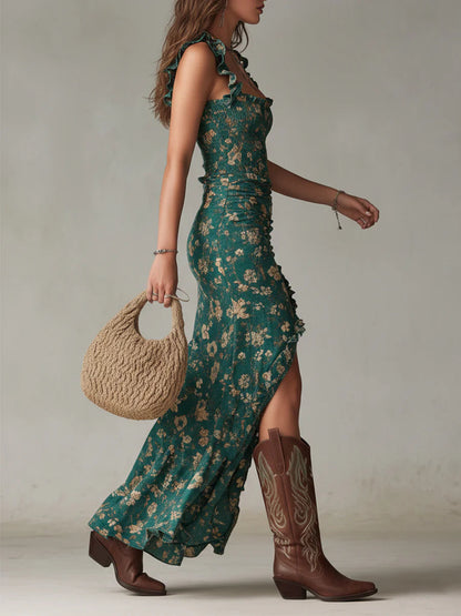 Women's Bohemian Green Printed Maxi Dress with Ruffled Sleeves for Warm Weather