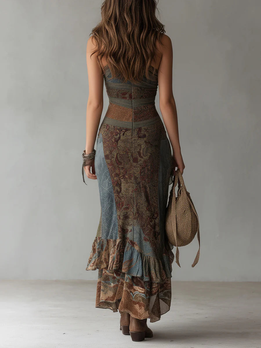 Women's Ethnic-Style Printed One-Shoulder Maxi Dress with High Slit for a Bold Look